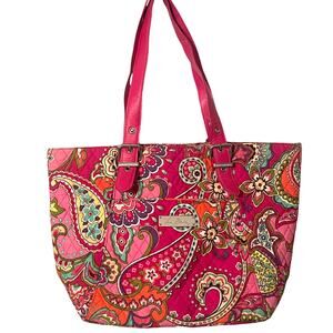Vera Bradley Pink Swirl Buckle Tote Bag Quilted Cotton & Leather Purse Paisley